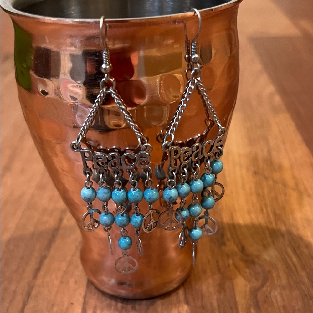 Silver Peace Dangle Earrings with Turquoise Beads